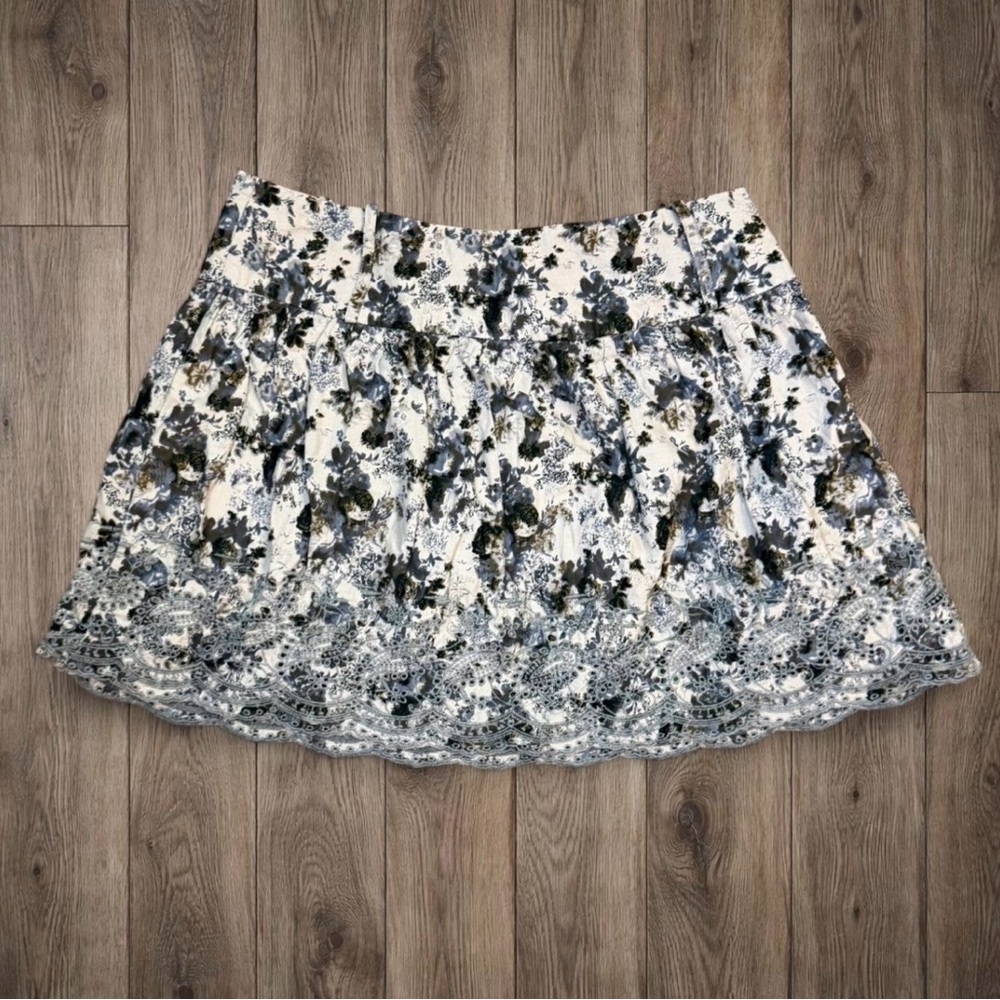 Wet Seal Cream and Blue Floral‎ Mini Skirt
